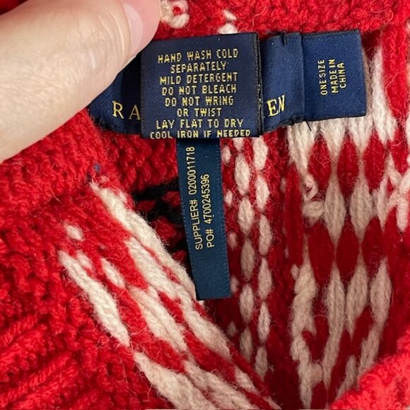 Vintage Polo Ralph Lauren Red USA Flag Moose Knit Wool Pom-Pom Beanie Hat One Sz - Picture 6 of 7